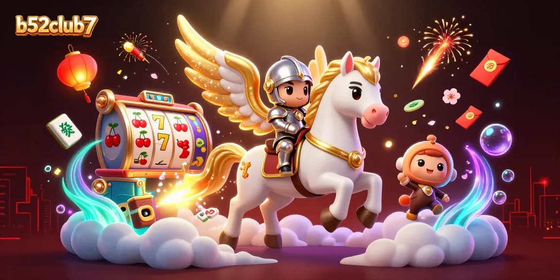 Experience thrilling gameplay with b52club7's dynamic scene featuring a celestial horse, jackpots, and festive fireworks.