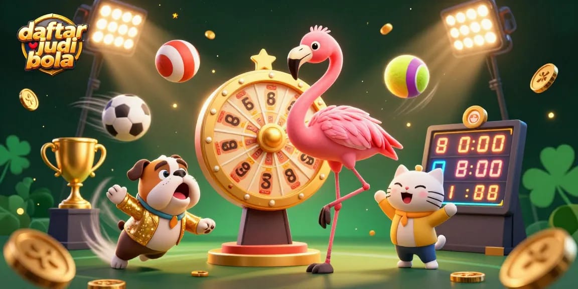 Experience daftar judi bola gameplay with vibrant characters spinning a prize wheel, surrounded by sports elements.