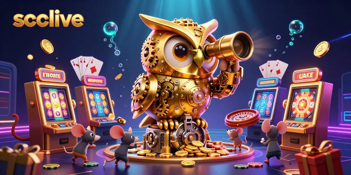 Socolive enhances excitement with a clockwork owl and animated gambling elements on a vibrant casino floor.