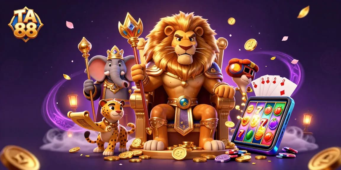 Engage with TA 88's vibrant online casino scene featuring a majestic lion king and colorful slot elements.