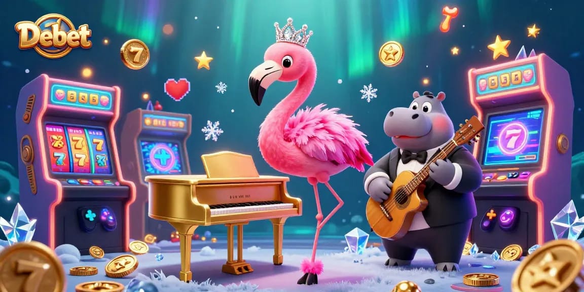 Engage with Debet's vibrant casino scene featuring a flamingo singer at a golden piano surrounded by slot machines and animated lights.