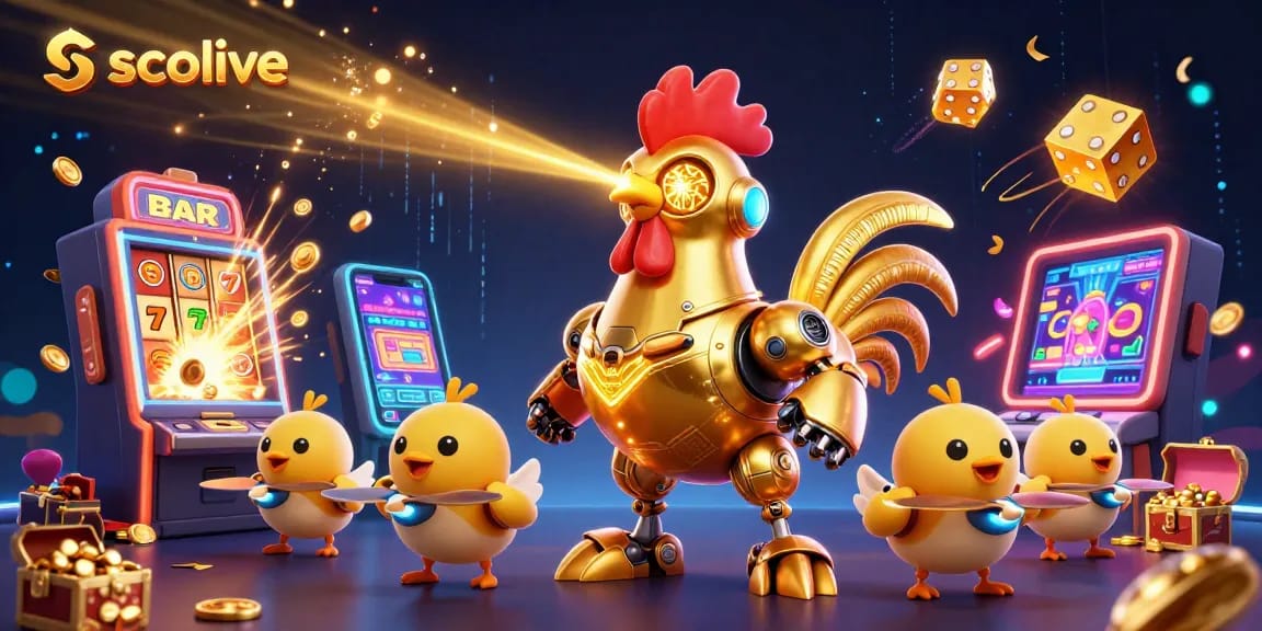Socolive brings excitement with a golden rooster robot leading a thrilling casino adventure filled with slot machine magic and golden treasures.