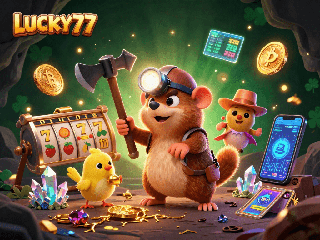 Engage with LUCKY77 through a vibrant 3D casino scene showcasing slots, coins, and characters.