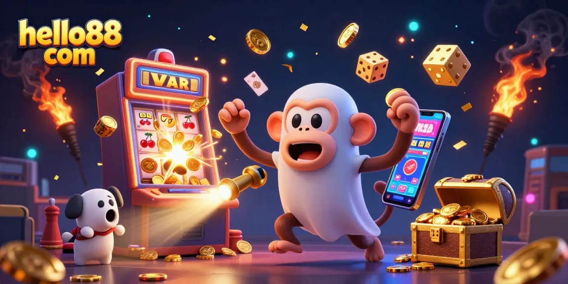 Experience the thrill of gaming at hello88 com with a haunted casino scene featuring playful characters and luminous treasures.