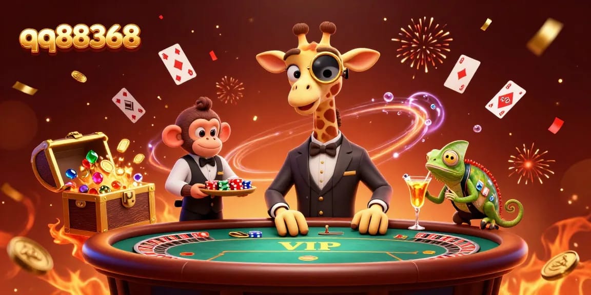 Experience luxurious gaming at qq88368 with a vibrant 3D scene featuring a giraffe at a poker table.