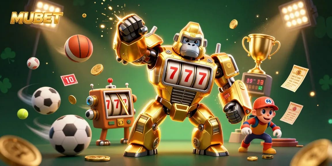 MUBET unleashes a powerful gaming experience with a mechanized gorilla and vibrant sports elements