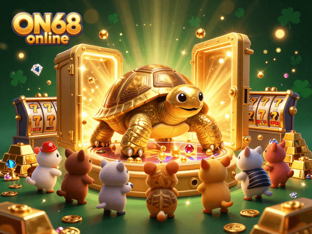 Play thrilling games at ON68 online in a vibrant casino scene featuring animated characters and luxurious gems.