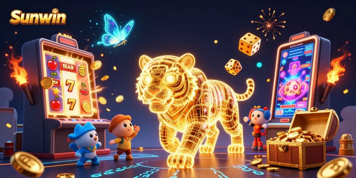 Experience the thrill of gaming at Sunwin with vibrant 3D digital casino elements and lively characters.