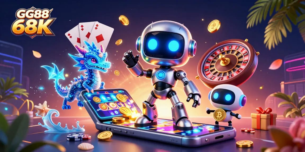 Engage with GG88 68K, featuring a cyberpunk robot and gaming elements in a vibrant casino scene.