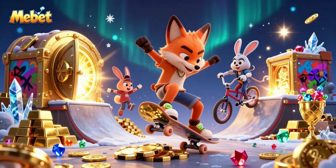 Mebet showcases a 3D fox skateboarder and rabbit BMX rider amidst a dynamic casino scene.