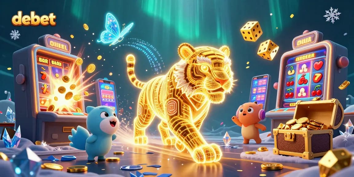 Experience the thrill of debet casino with a dazzling tiger amidst slot games and jackpots.