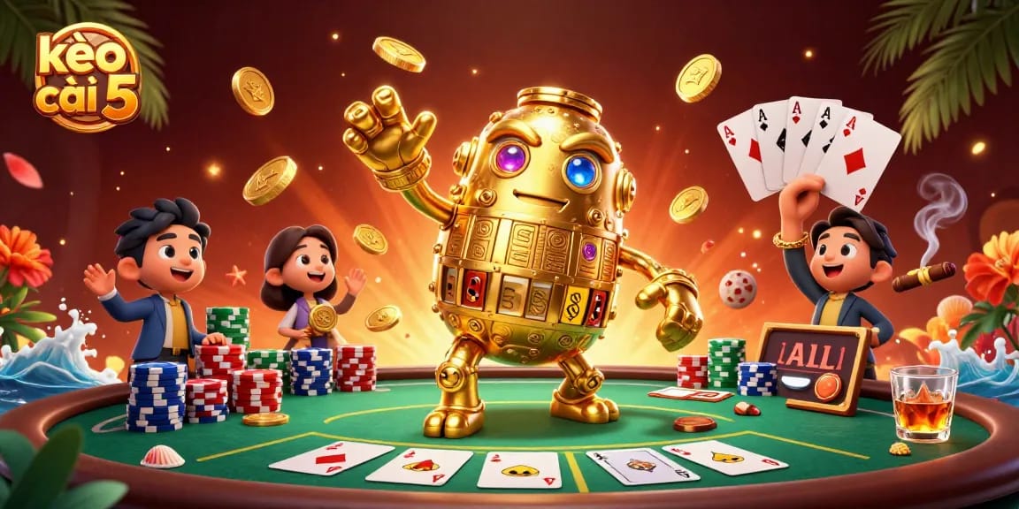 Engage with kèo nhà cái 5, showcasing an ancient golden golem amidst exciting poker elements.