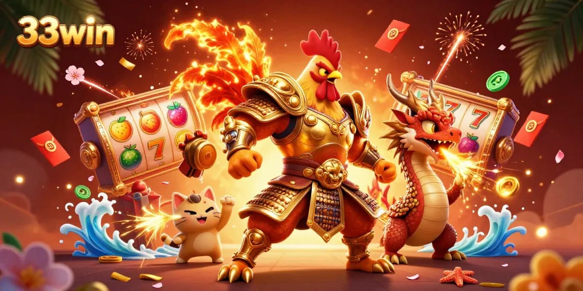 Experience thrilling 33win fun with a fight-ready rooster and dragon, surrounded by vibrant slot game elements.