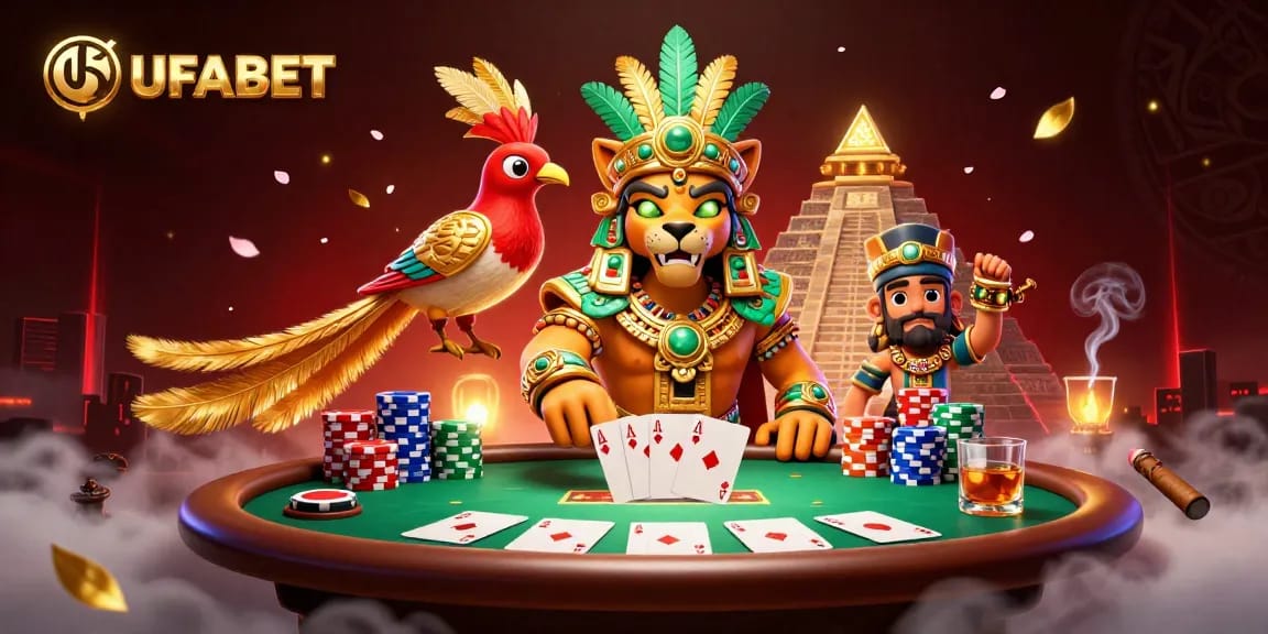Engage in thrilling UFABET casino action, featuring vibrant illustrations of a Mayan jaguar priest and poker elements.