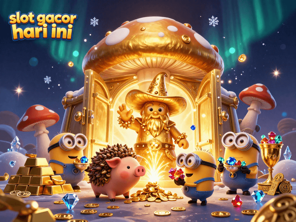 Engage in slot gacor hari ini and discover magical treasures with cartoon characters in a dynamic casino scene.