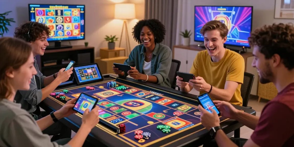 Situs slot deposit 10 ribu players enjoying an exciting online slot gaming experience in a cozy living room.