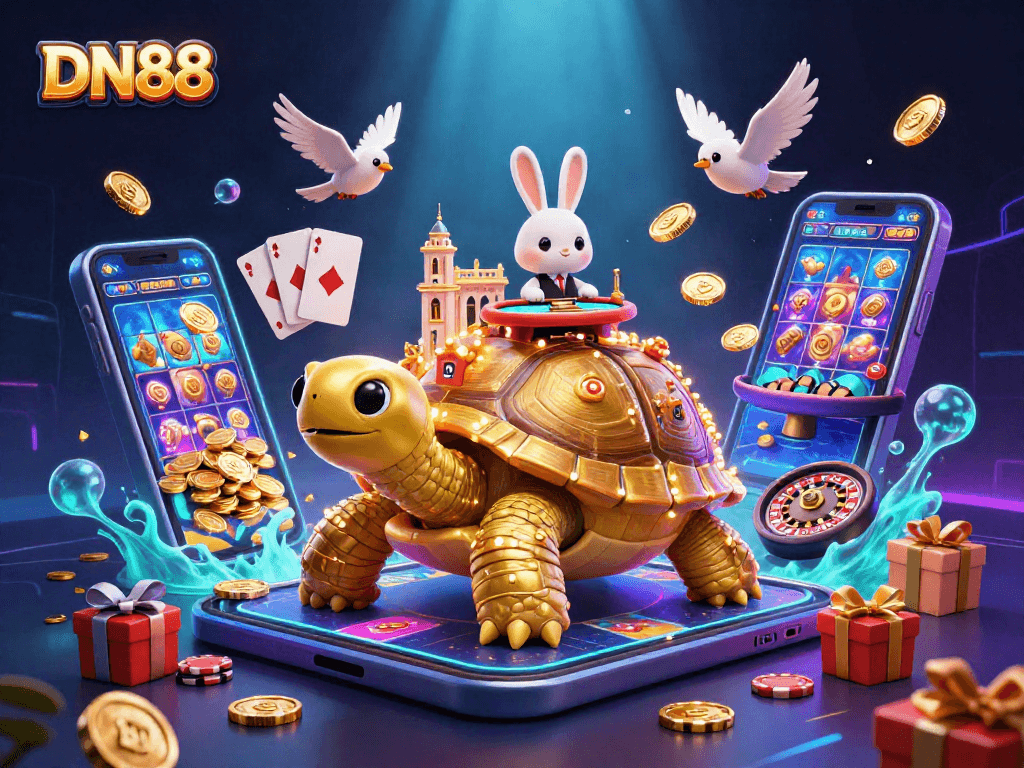Play thrilling games at DN88 with a vibrant 3D cartoon scene filled with excitement and winning elements.