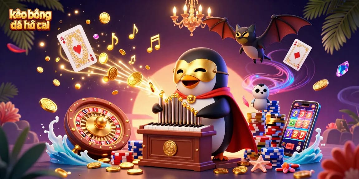 Bet on kèo bóng đá nhà cái with a vibrant scene featuring a penguin playing organ, surrounded by casino elements.