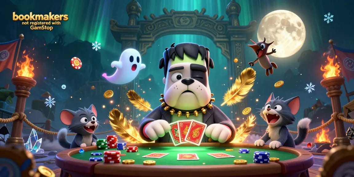 Engage with exciting action at bookmakers not registered with GamStop while a cartoon bulldog deals cards.
