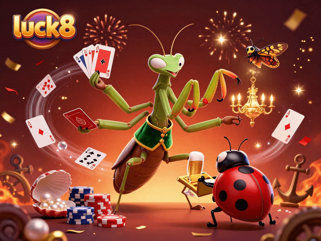 Experience thrilling gaming with luck8, where a giant mantis expertly shuffles cards while a ladybug oversees action.