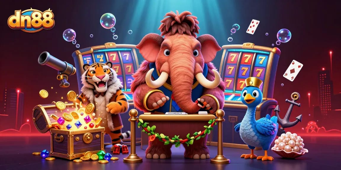 Experience thrilling gameplay with dn88 at a vibrant casino complete with a mammoth bouncer and saber-tooth VIP.