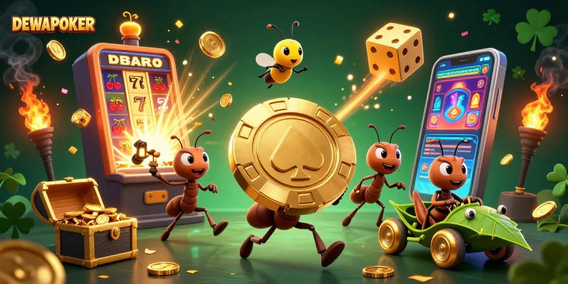 DEWAPOKER showcases an adventurous team of ants heisting a giant golden poker chip, brimming with casino excitement.