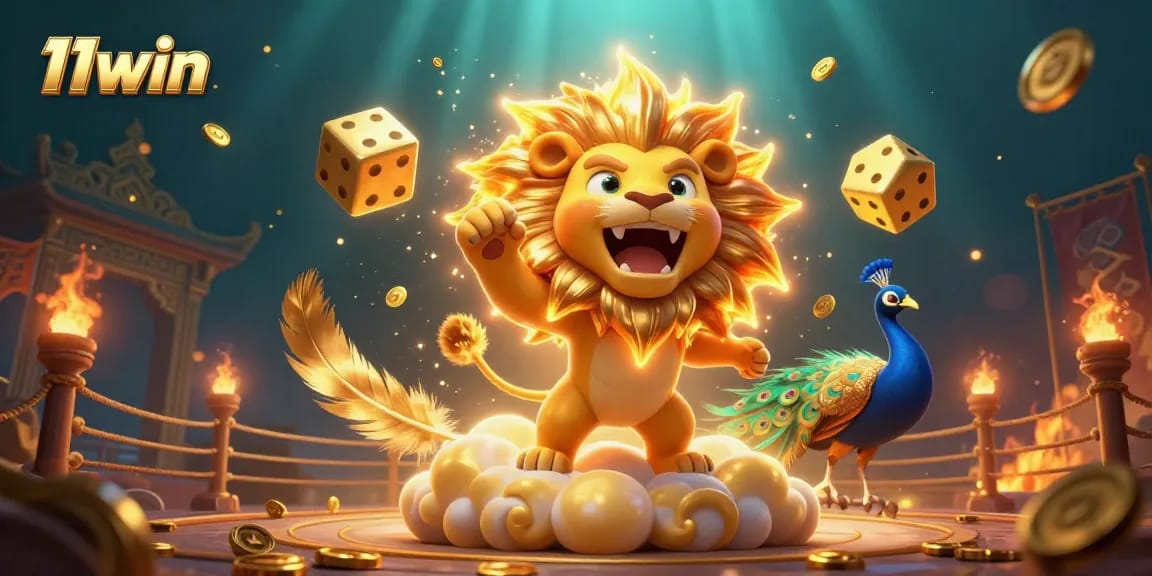 Engage with 11win's vibrant 3D casino scene showcasing a lion and golden dice above a dynamic gaming arena.