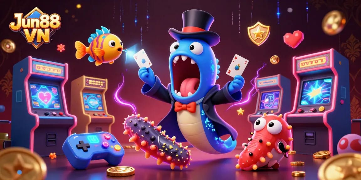 Experience the excitement at Jun88 VN, showcasing lively characters in an online casino setting with vibrant gaming elements.