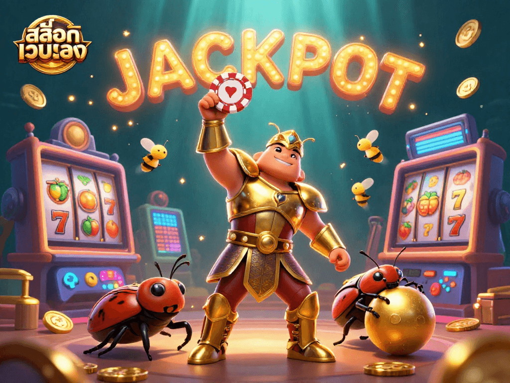 Experience the thrill of สล็อตเว็บตรง with our cartoon beetle heroes celebrating a jackpot in vibrant detail.