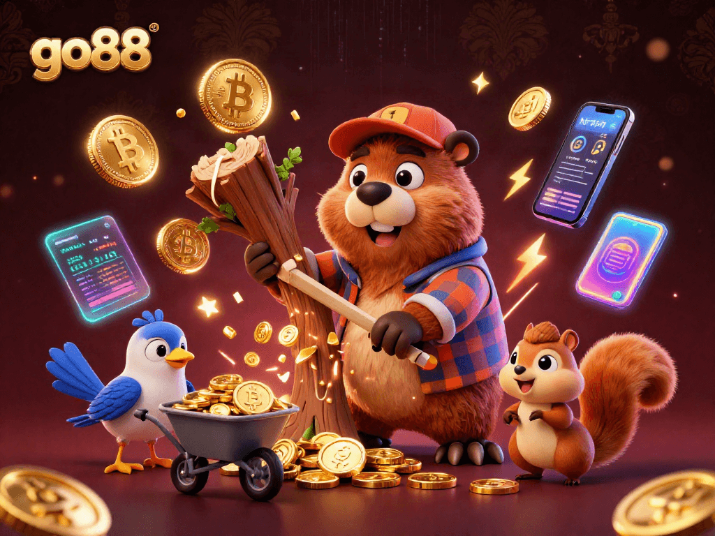 Play with go88's vibrant 3D cartoon illustration featuring a beaver, bird, and squirrel collecting golden coins in a casino setting.
