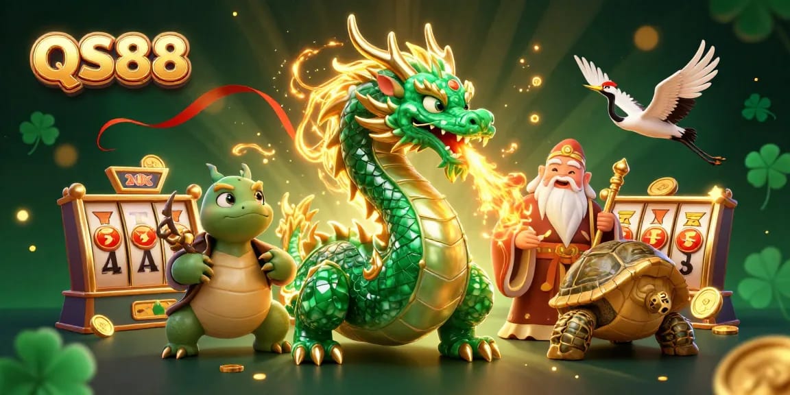 Experience the thrilling world of QS88 with a majestic jade dragon and golden elements in a vibrant casino scene.