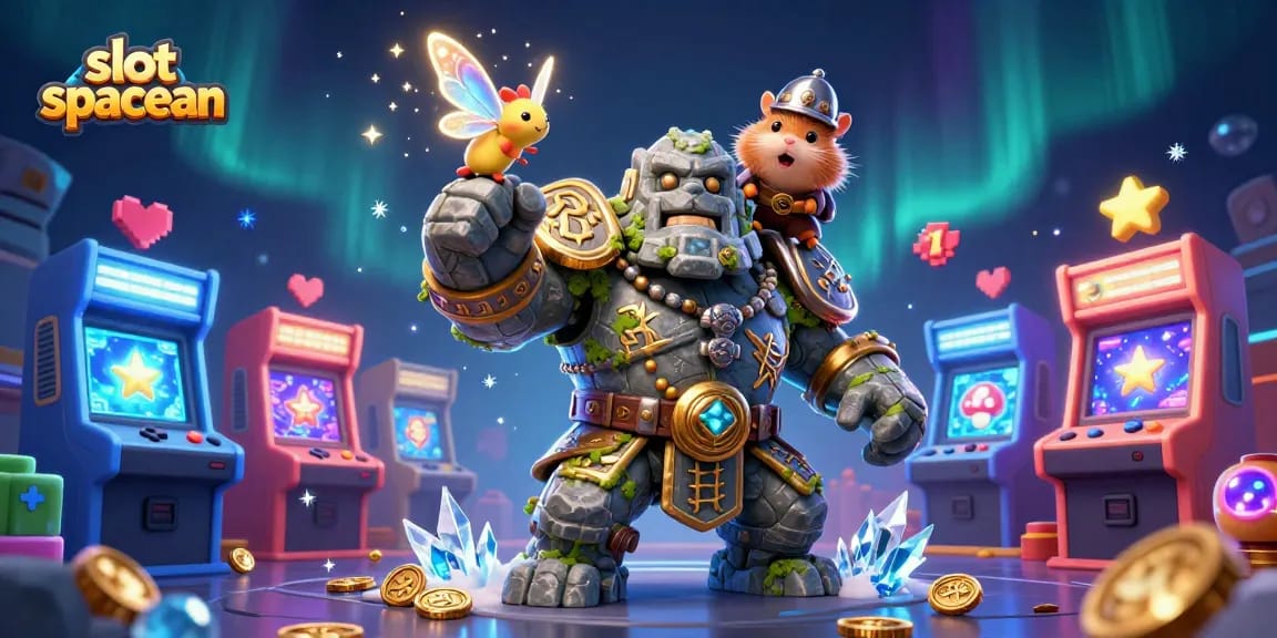 Mainkan slot spaceman dengan simbol ceria dan elemen permainan mengelilingi golem di dunia magis.