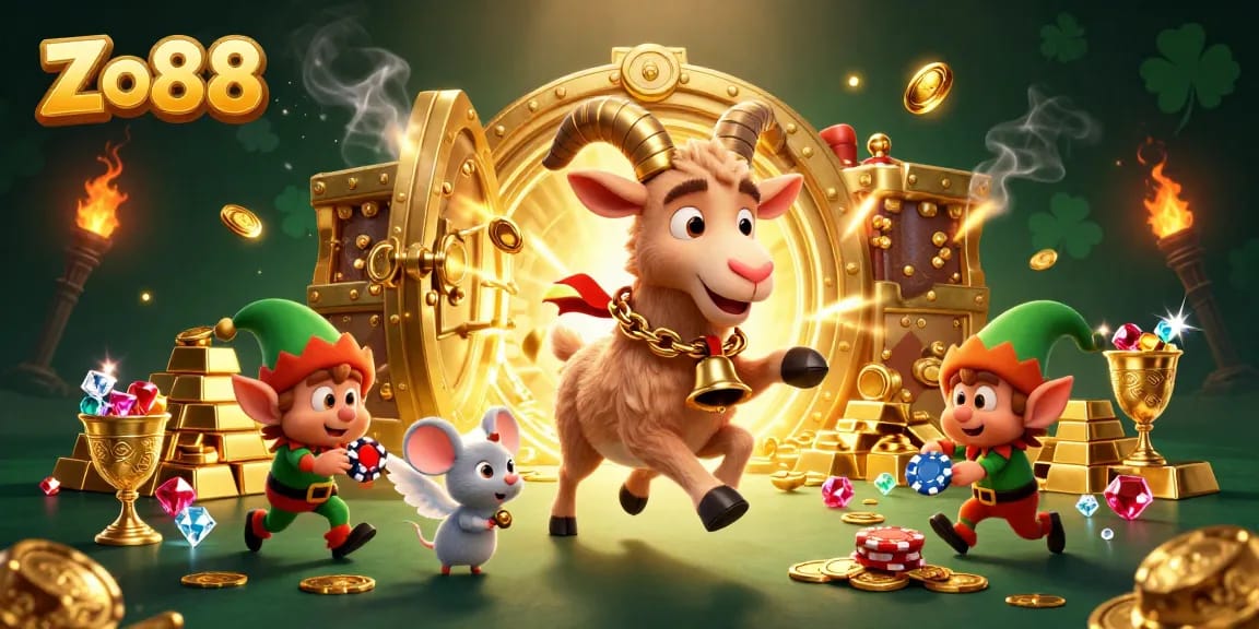Experience thrilling gameplay at Zo88 with a festive horror-themed casino scene rich in gold and magical elements.