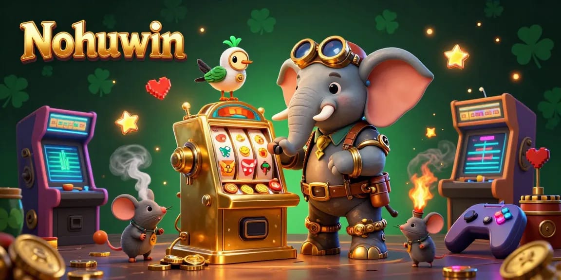 Nohuwin slots illustration featuring a steampunk engineer operating a slot machine with vibrant casino elements.