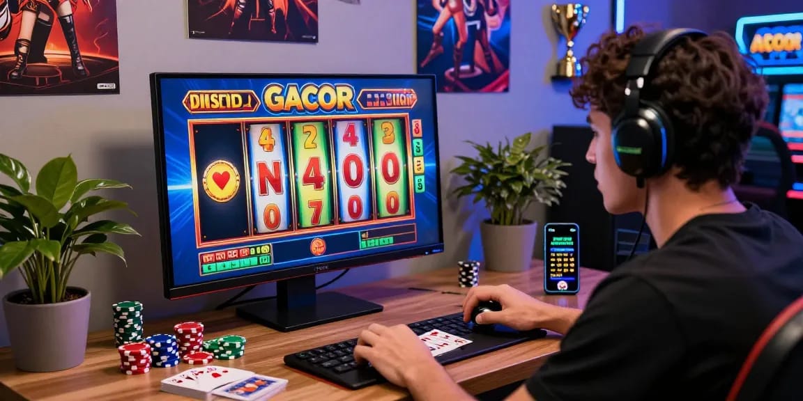 Excited player engaging with slot gacor game on a vibrant gaming setup, showcasing an immersive online gambling experience.