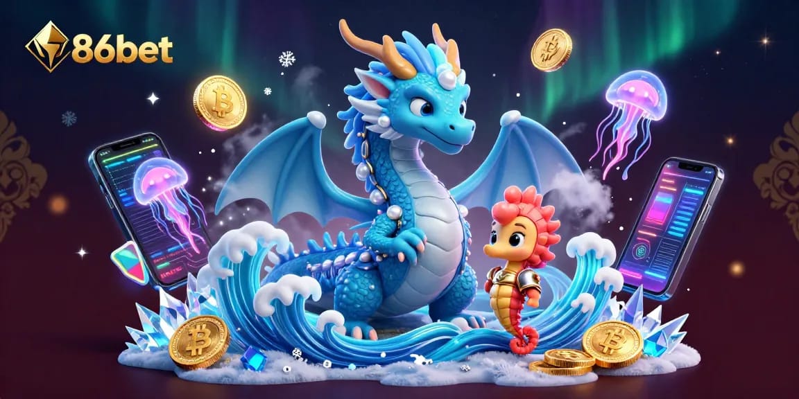 Engage with the vibrant 86bet gaming scene featuring a dragon and seahorse amidst crypto symbols.