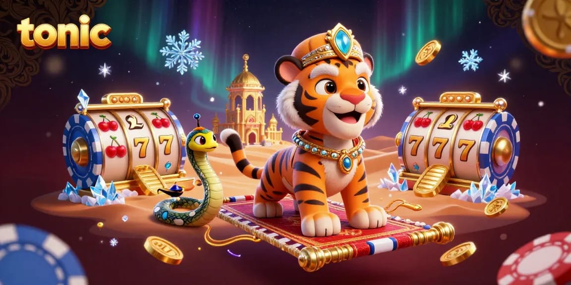 Tonic showcases a vibrant casino adventure with a tiger sultan and spinning slot reels amidst a dazzling backdrop.