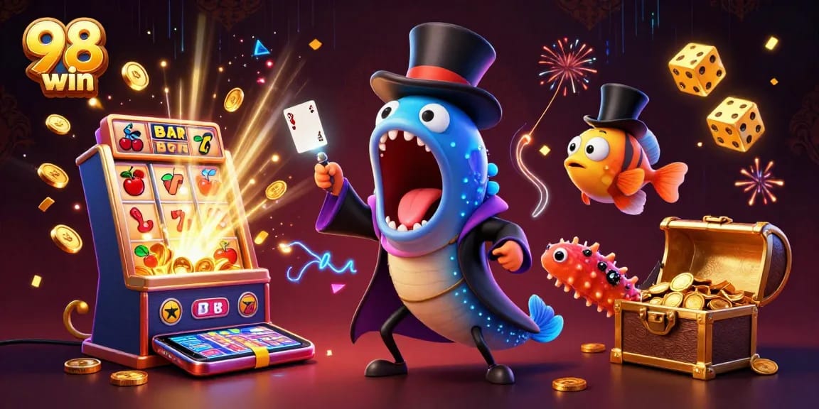 Join the fun at 98 win with a vibrant casino scene featuring exciting games and characters.