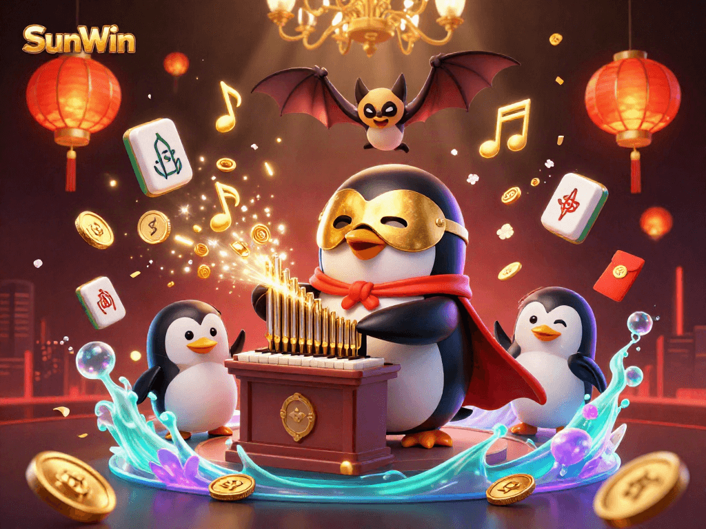 Immerse in SunWin's vibrant casino atmosphere with a whimsical penguin character playing an organ, surrounded by festive elements.
