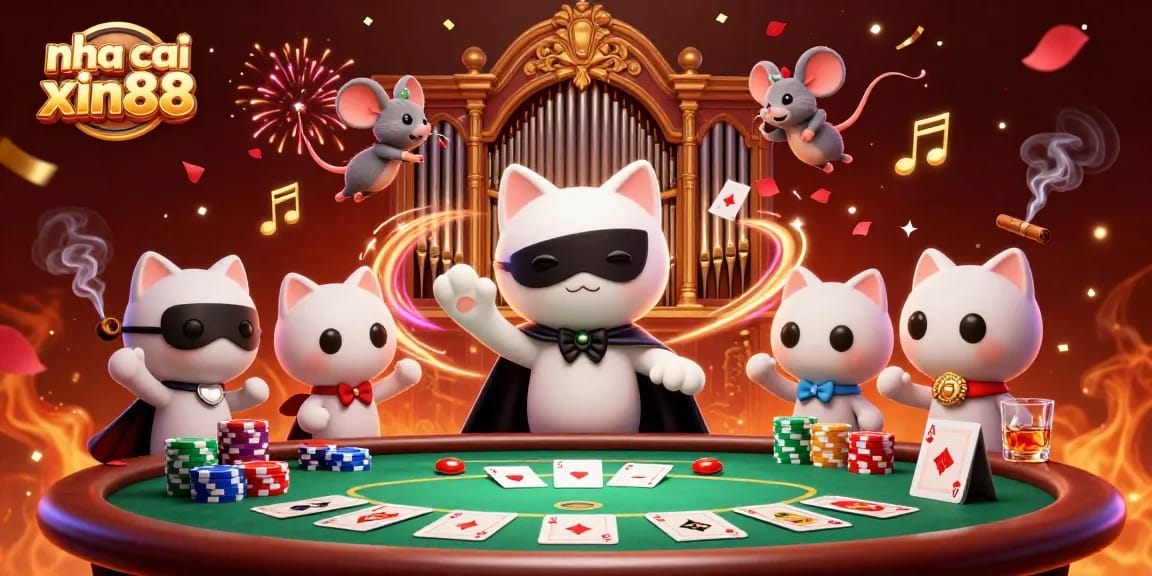 Engage with nha cai xin88 in a vibrant 3D casino scene featuring festive characters and dynamic gaming elements.