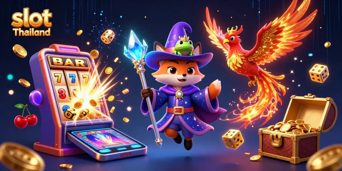 Mesin slot Thailand menghadirkan jackpot gemerlap dengan karakter kartun ajaib dalam suasana kasino yang meriah.