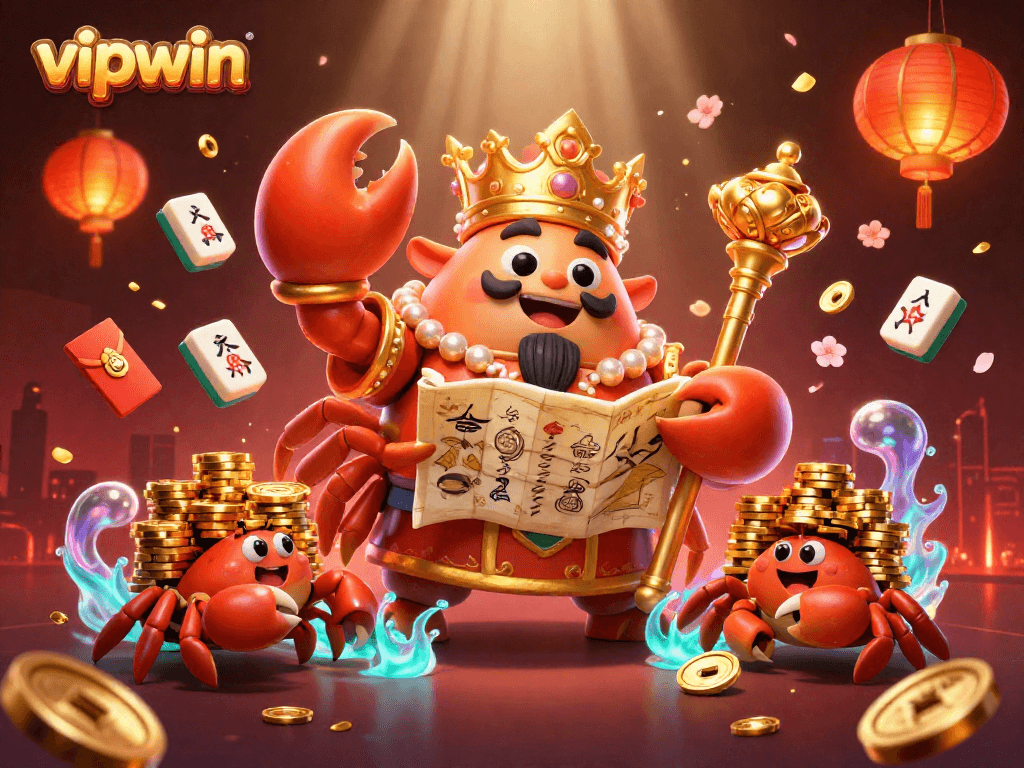 Experience the excitement of vipwin with a vibrant 3D casino scene featuring a golden crab emperor surrounded by lucky symbols.