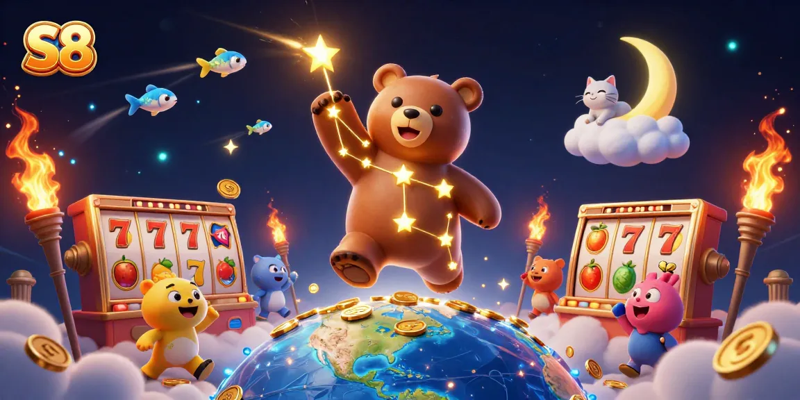 Engage with the S8 slots scene, featuring a constellation bear and jackpot symbols for casino excitement.