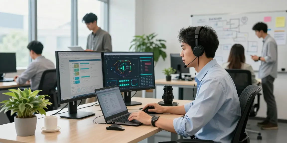 IT business support scenario with technician troubleshooting in a modern office.