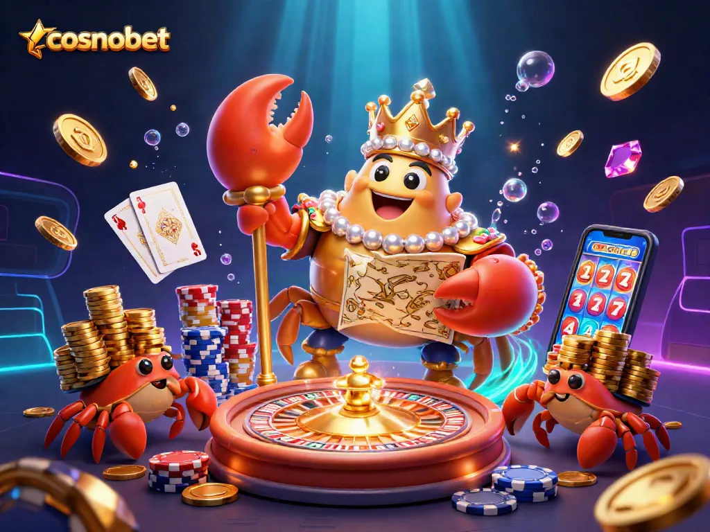 Experience the vibrant world of cosmobet with a golden crab emperor, treasure maps, and dynamic casino elements.