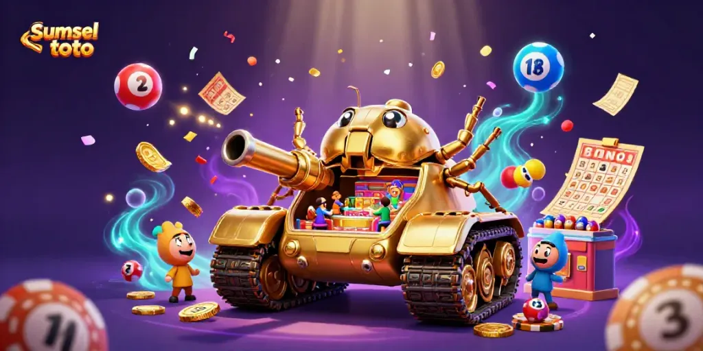 Engage in thrilling games at sumsel toto with vibrant lottery elements and a miniature casino scene.