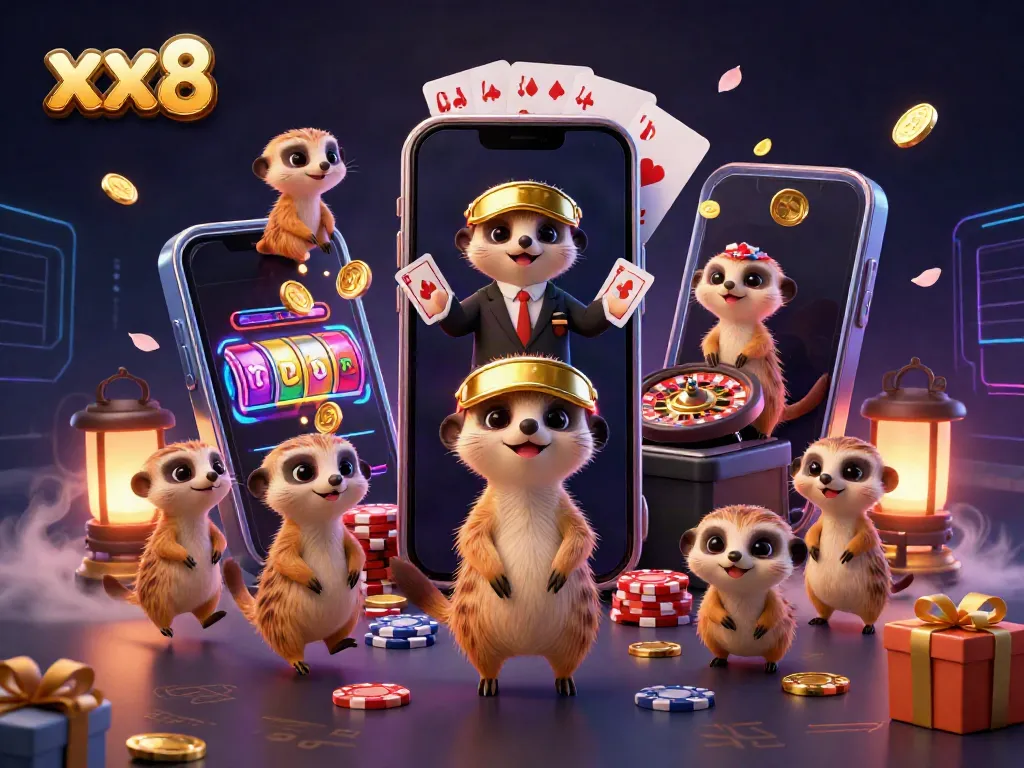 Experience the thrill of xx8 with meerkats managing a lively casino, showcasing games and excitement.