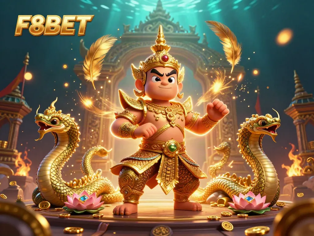 Engaging F8BET casino illustration featuring a Thai temple guardian and Naga companions.