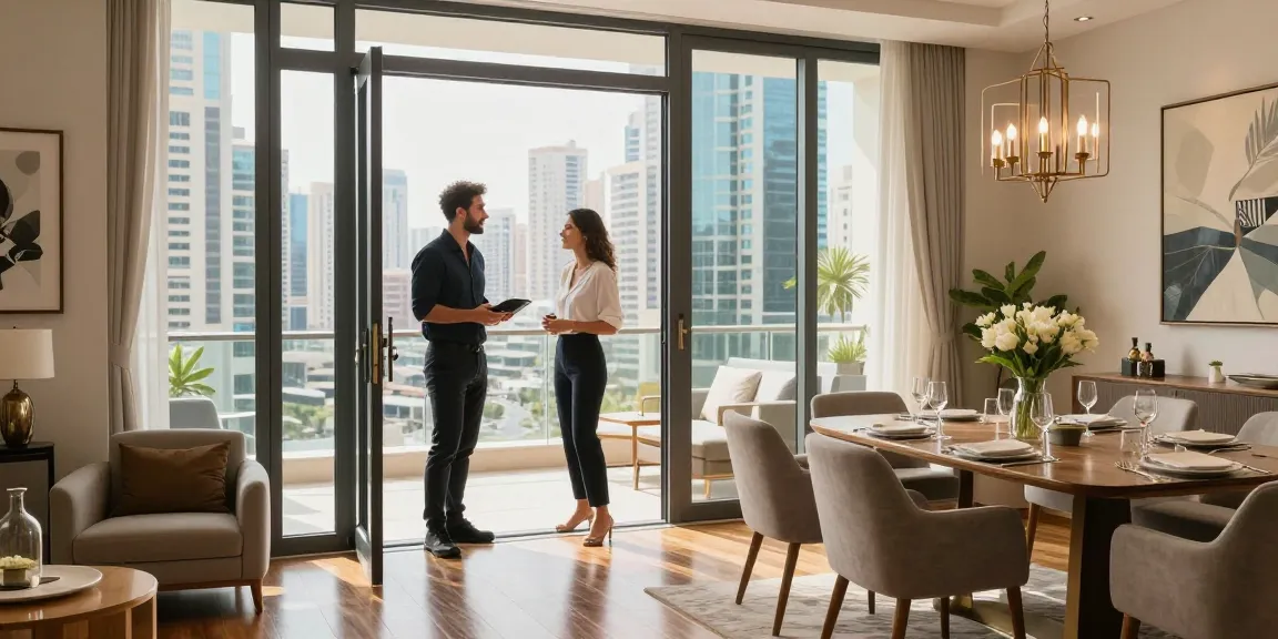 Short-term rental management in Dubai featuring a luxurious apartment welcoming guests with city views, elegant decor, and inviting ambience.