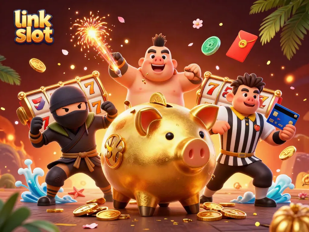 Experience thrilling action at link slot with golden coins, slot reels, and celebratory elements.